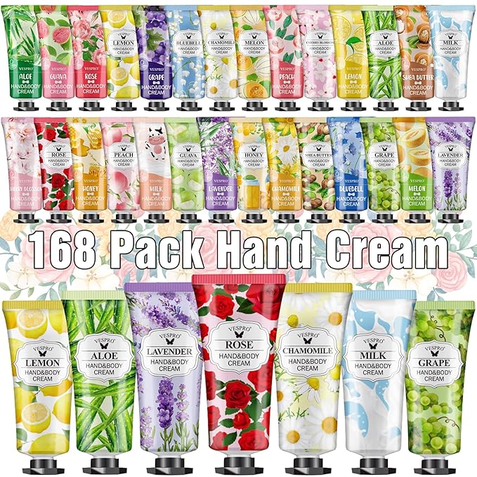 VESPRO 168 Pack Hand Cream Set for Women, Hand Lotion for Mothers Day Gifts, Bridesmaid Gifts, Thank You Gifts, Birthday Gifts, Party Favors, Hand Lotion Travel Size for Dry Cracked Hands
