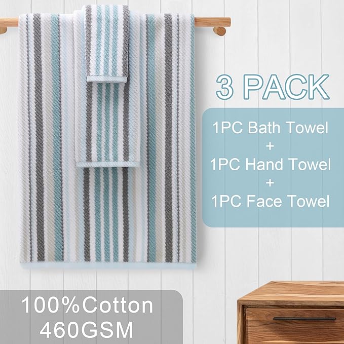 3-Piece Aqua Striped Bathroom Towel Set - 100% Cotton Quick Dry Soft Absorbent Luxury Towels (1 Hand Towel 16"x27", 1 Washcloth 13"x13", 1 Bath Towel 28"x52" with Hanging Loop) | Aqua & Gray Striped