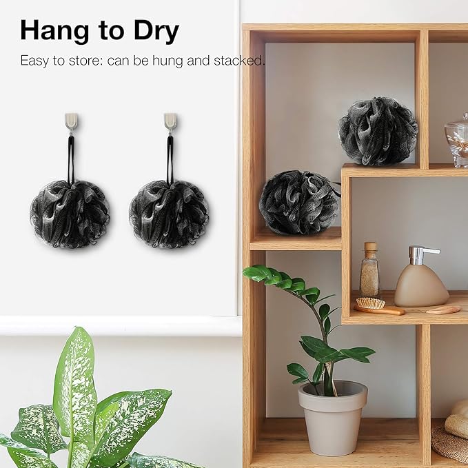 DadyMart Bath Shower Loofah Sponge 60g Bath Mesh Pouf Shower Ball Body Scrubber Exfoliating Bath Sponge for Women and Men, Set of 4, Black