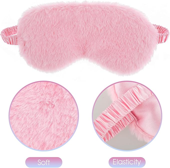 2 Pcs Plush Fluffy Eye Mask Soft Sleeping Blindfold Eye Cover Comfortable Furry Faux Fur Sleeping Mask Satin Nap Night Eyeshade Cover for Women Men Gift (White, Pink)