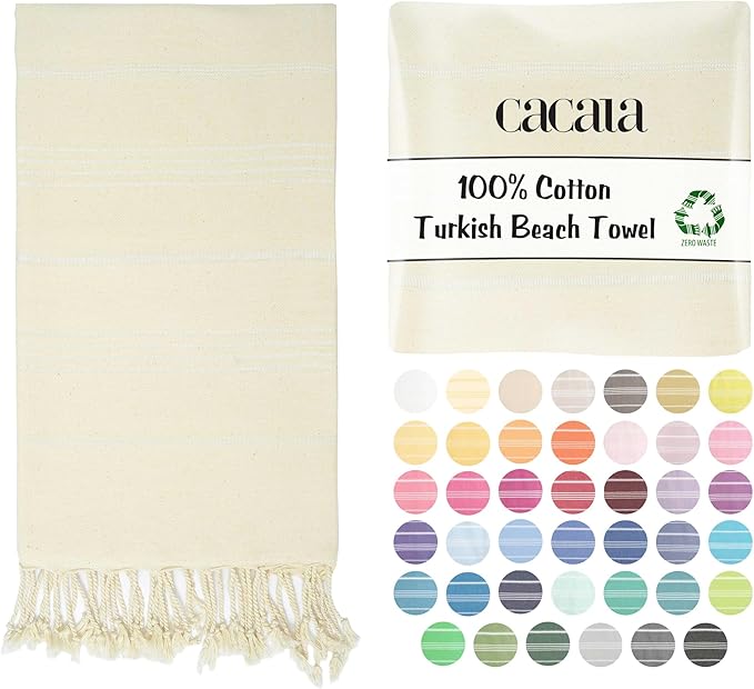 Cacala Lightweight and Thin Turkish Beach Towel 100% Cotton Sand-Free and Quick-Drying Goodness Perfect as an Extra Large Travel Towel, Beach Accessory, or Gift for Beach Lovers, 37 x 70