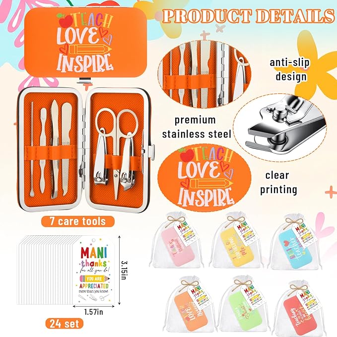 24 Sets Teacher Appreciation Manicure Gifts for Women 24 Nail Clippers Pedicure Kit Stainless Steel Grooming Inspirational Kits 24 Bags 24 Cards Thank You Gifts for End of Year Teachers Gift