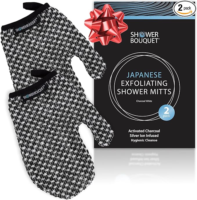 Japanese Exfoliating Mitt 2-Pack - Charcoal & Silver Ion Exfoliating Gloves for Shower - Soft Inner Fabric Gentle Exfoliation & Deep Cleansing Body Scrub Gloves for All Skin Types - 2 White