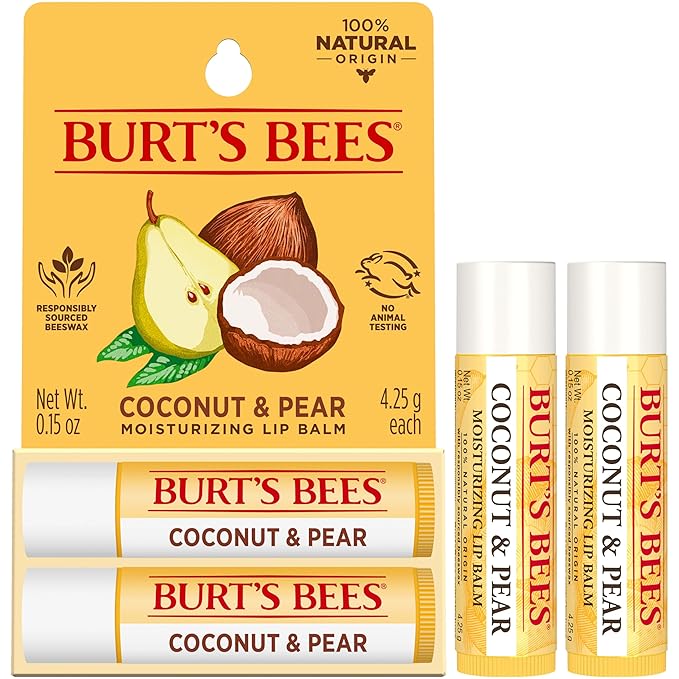 Burt's Bees Mothers Day Gifts, Lip Balm - Coconut and Pear, Lip Moisturizer With Responsibly Sourced Beeswax, Tint-Free, Natural Origin Conditioning Treatment, 2 Tubes, 0.15 oz.