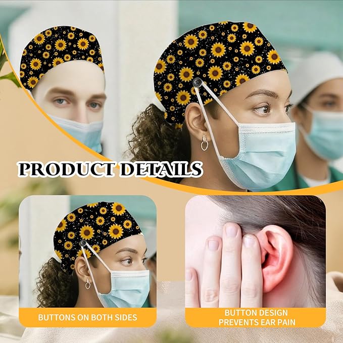 Adjustable Scrub Cap with Buttons & Sweatband, Working Hat with Elastic Tie Back, Unisex Nurse Surgical Caps for Women & Men