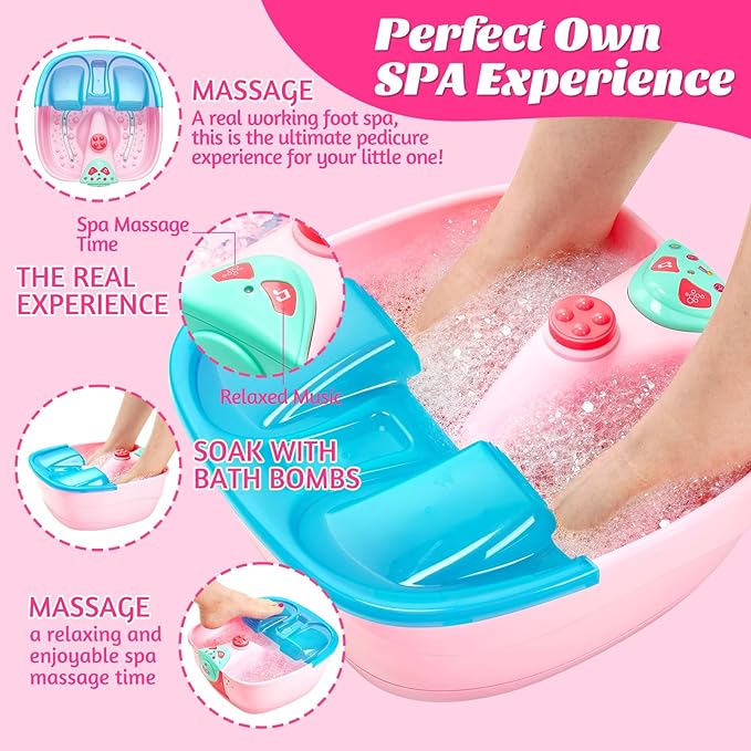 Kids Spa Day Kit for Girls, Foot Spa with Nail Dryer & Bath Bombs,Kids Foot Spa with Music Foot Soak Tub & Nail Polish Set, Girls Toys Gifts for 6-12, Christmas Birthday Gifts