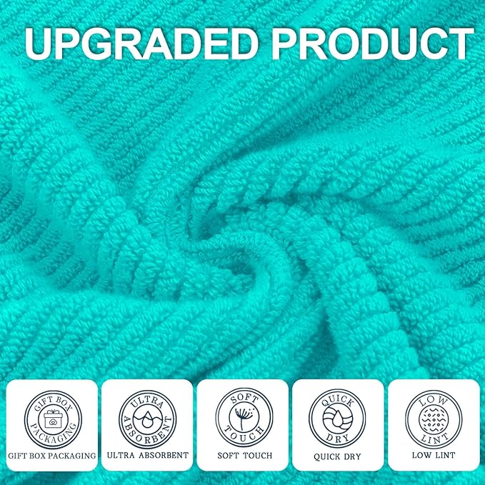 Turquoise Bath Towels (4PC Large, 30"x56") - 100% Cotton | Quick Dry | Light Weight | Thick | Soft | Absorbent, Luxury Shower Towels with Hanging Loops, Towel Gift Set, Turquoise Bathroom Accessories