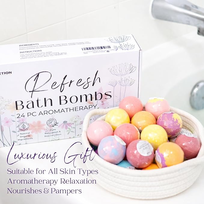 EvolutionUSA 24 Refresh Bath Bombs for Women & Kids – Lush Bath Bombs Mini Sized, Organic Bathbomb Set, Women & Kids Bath Fizz, Luxury Gift for Mother’s Day, Easter, Valentines, Birthday or Self Care