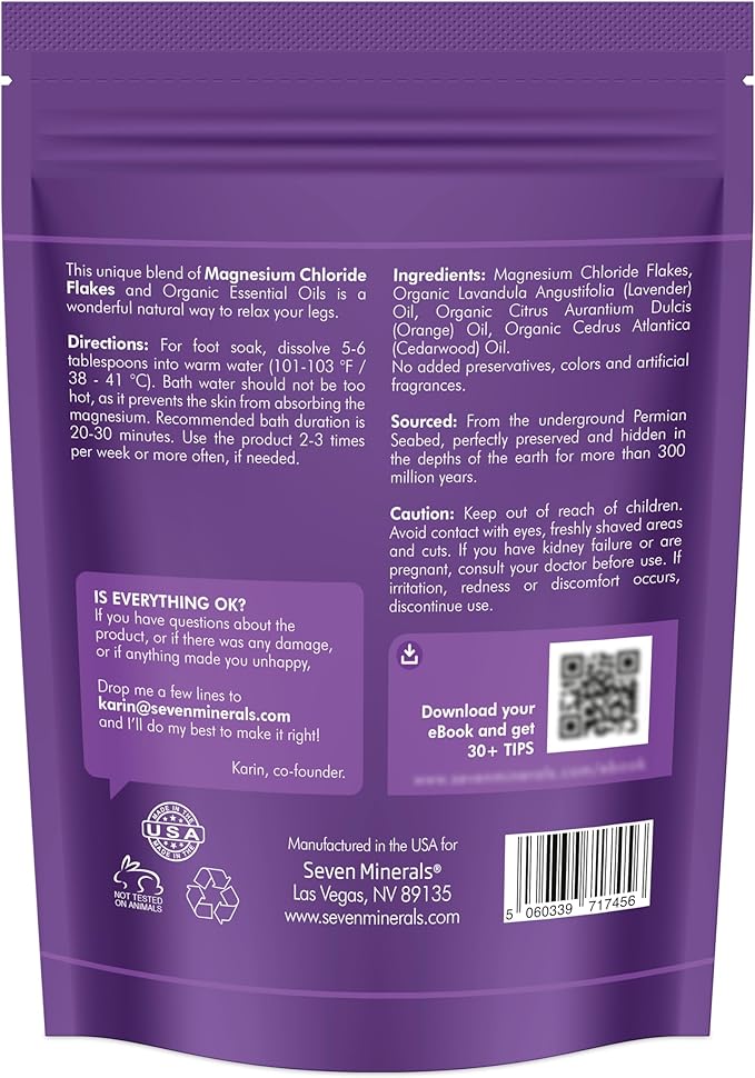 Seven Minerals Relaxing Legs Magnesium Chloride Flakes 3lb – Absorbs Better Than Epsom Salt - Unique Foot Soak Formula for Tired Legs and Leg Cramps - with Orange, Cedarwood & Lavender