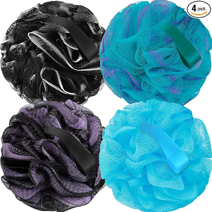 Carrie Joe Loofah Sponge Soft Mesh Shower Puffs for Body Wash Bath Sponge Body Scrubber for Women & Men Body Exfoliator-Bathing Accessories(60G L 4Pcs)