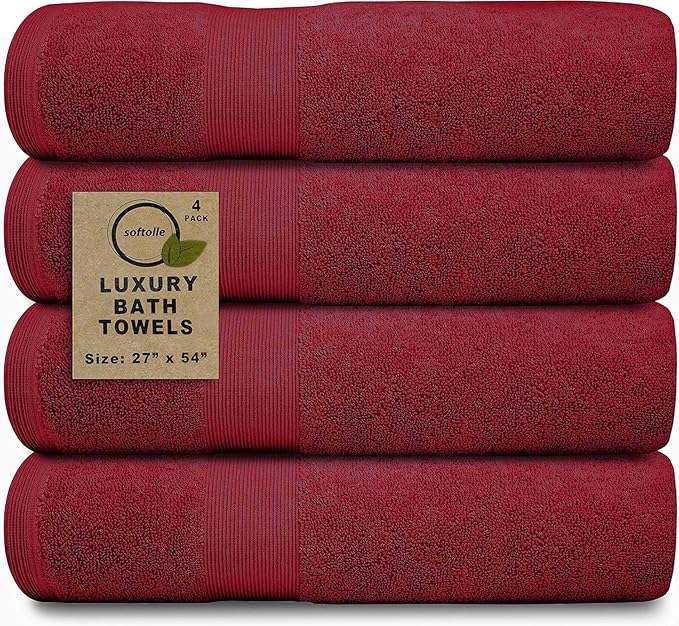 Softolle Luxury Bath Towels Set of 4 (27” x 54”) | Towels for Bathroom | Super Soft | Highly Absorbent Towels for Home, Spa, Gym (Burgundy)