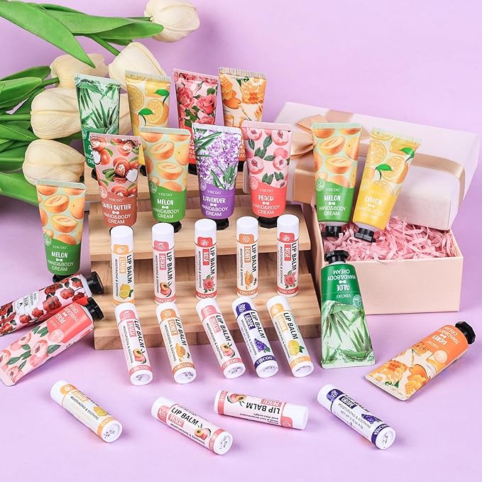 VISCOO 16 Pack Bulk Lip Balm and Hand Cream Set, Mothers Day Gifts, Teacher Appreciation Gifts, Nurses Week Gift, Thank You Bridal Wedding Favors for Guests, Small Gift for Women Birthday