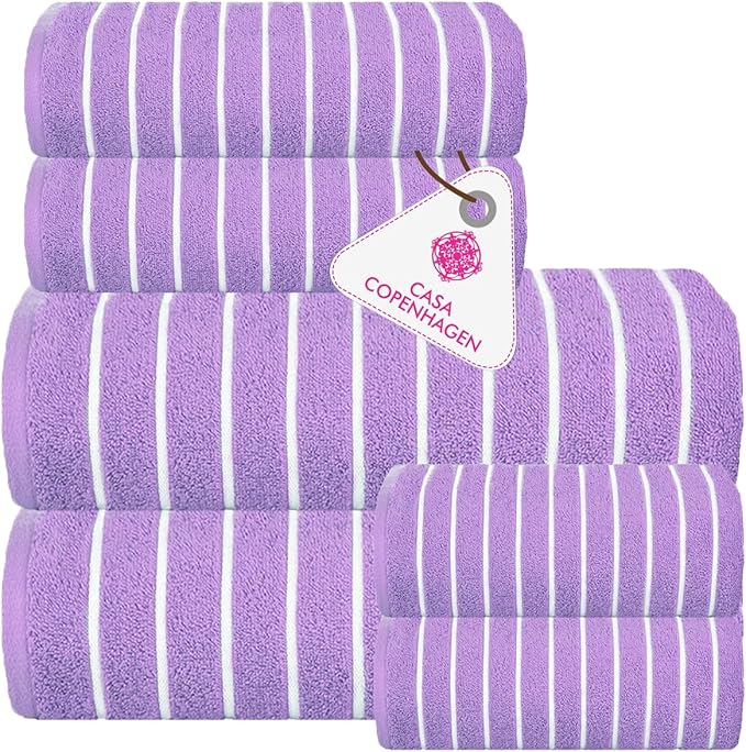 CASA COPENHAGEN Ecstatic 6Pcs 100% Egyptian Cotton Large Designer Towels Gift Set- Purple Rose, 600GSM, 2Bath 2Hand 2Washcloths, Bath Towels for Bathroom Set for Women & Men