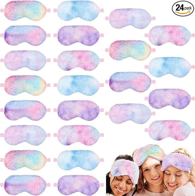 Geyoga 24 Pcs Plush Sleep Eye Mask Silk Furry Eye Covers for Sleeping Cute Sleep Mask Fluffy Comfortable Sleeping Blindfold for Travel Sleepover Nap Party Supply Girls Women, Rainbow Color