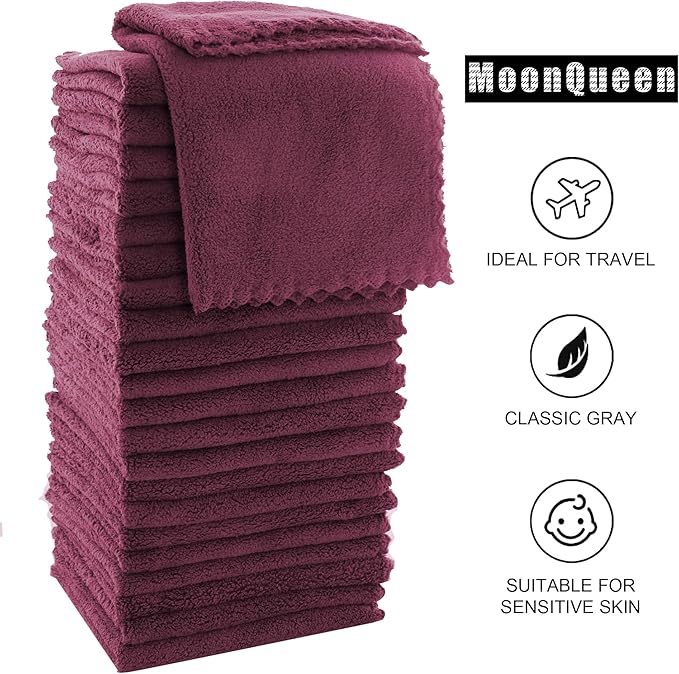 MOONQUEEN Ultra Soft Premium Washcloths Set - 12 x 12 inches - 24 Pack - Quick Drying - Highly Absorbent Coral Velvet Bathroom Wash Clothes - Use as Bath, Spa, Facial, Fingertip Towel (Burgundy)