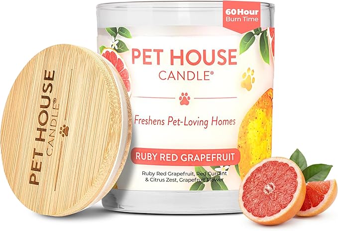 Pet House Candles, Clean Burning, Long Lasting Candles for Pet Odor, Plant-Based, 60 Hour Burn Time - Ruby Red Grapefruit, 9 oz