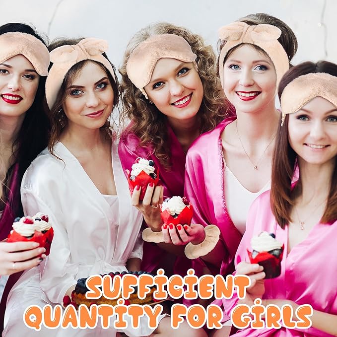 Mimorou 48 Pieces Spa Party Supplies Gift for Mother's Day 12 Spa Headband 12 Plush Sleep Eye Mask 12 Velvet Scrunchies 12 Organza Bags for Sleepover Slumber Party Graduation Gift(Beige)