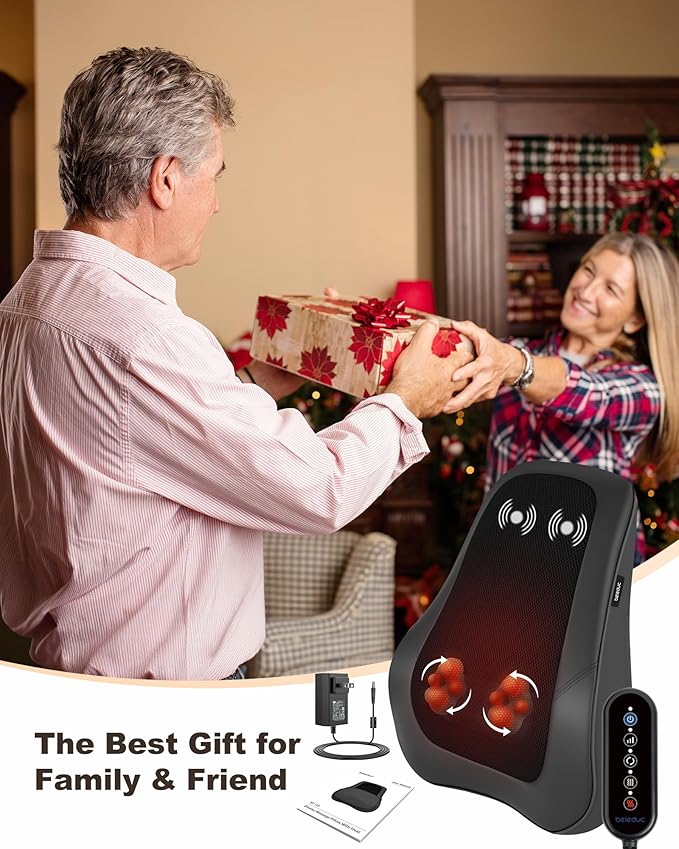 Beleduc Shiatsu Back Massager with Heat, Back Massager for Back Pain Deep Tissue, Vibration Massage, Deep Kneading Massager Pillow for Neck Shoulder, Black