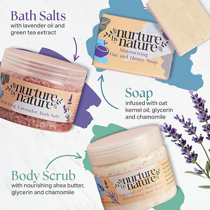 Nurture by Nature Spa Gifts for Women - Mothers Day Gifts for Mom, Self Care Gift Set & Spa Gift Basket for Women, 6 Piece Bath Set with Candle, Bath Bomb, Salts & Pillow Spray - Relaxation Gifts