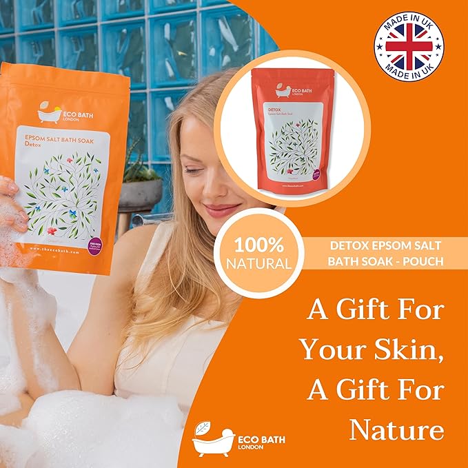 Eco Bath London Detox Epsom Salt Bath Soak – Pouch 2.2 LB (1kg) | Made in UK | Magnesium Bath Salt with Grapefruit Essential Oil | Epsom Salts for Detox and Skin Care