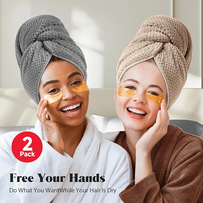 MABAO 2 Pack Microfiber Hair Towel Wrap for Women, Quick Dry Hair Turban Towel with Elastic Band, Microfiber Plopping Towel for Curly Hair, Stocking Stuffers for Women (Gray, Camel)