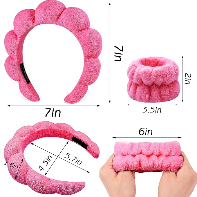 Zkptops 6Pcs Spa Headband for Washing Face Wristbands Set Women Bubble Makeup Sponge Terry Cloth Padded Puffy Skincare Headband Bow Tie Hairband Cute Non Slip Thick Hair Accessory Gifts (Rosy Red)