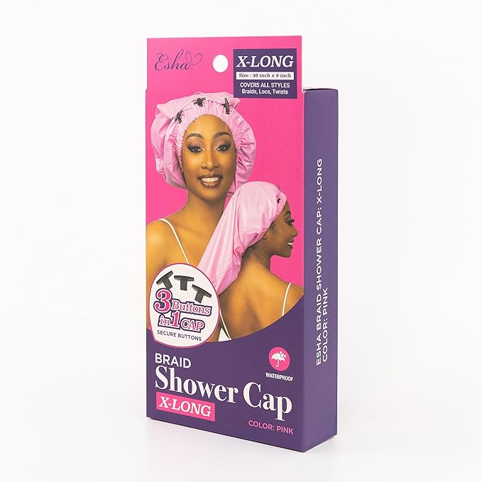 Esha Girl - Shower Cap for Extra Long Hair, Braids, Locs, Twists – Waterproof – Snug Fit Guarantees No Leaks – Easy Button Up (Pink, X-Long (30" x 9"))