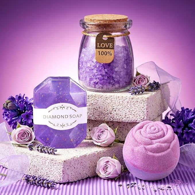 Birthday Gifts for Women, Mothers Day Gifts for Mom, Wife, Her, Friend, Teacher, Nurses, Coworker, Self Care Spa Baskets Set, Thank You Gift for Women Purple