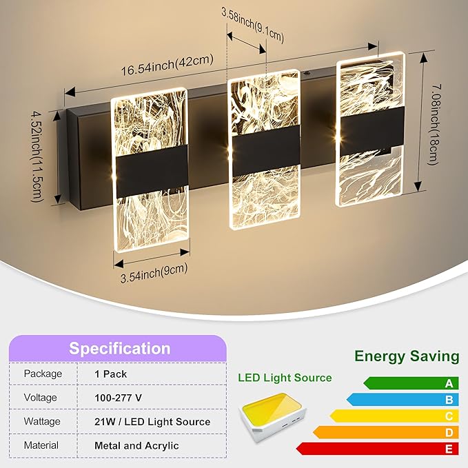 Modern LED Bathroom Light Fixtures Dimmable 3-Light Black Vanity Light, 5CCT Adjustable Lighting Fixture Vanity Lights Over Mirror, Smoked Acrylic LED Vanity Lights for Bathroom