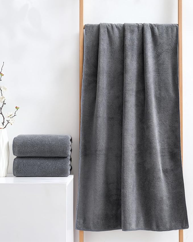 Lumimi Towels 4 Soft Microfiber Bath Towel Set Salon Gym Yoga Travel Super Absorbent Light Dry Fast Durable, 55" L x 27" W, 4 Piece Dark Grey