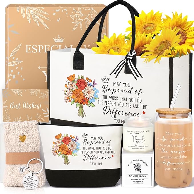 iAOVUEBY Thank You Gifts for Women, Employee Appreciation Gifts Baskets for Women, Coworkers Teacher Nurse Secretary Mentor Retirement Thank You Gift Ideas, Canvas Tote Bag Tumbler Gratitude Gift Box