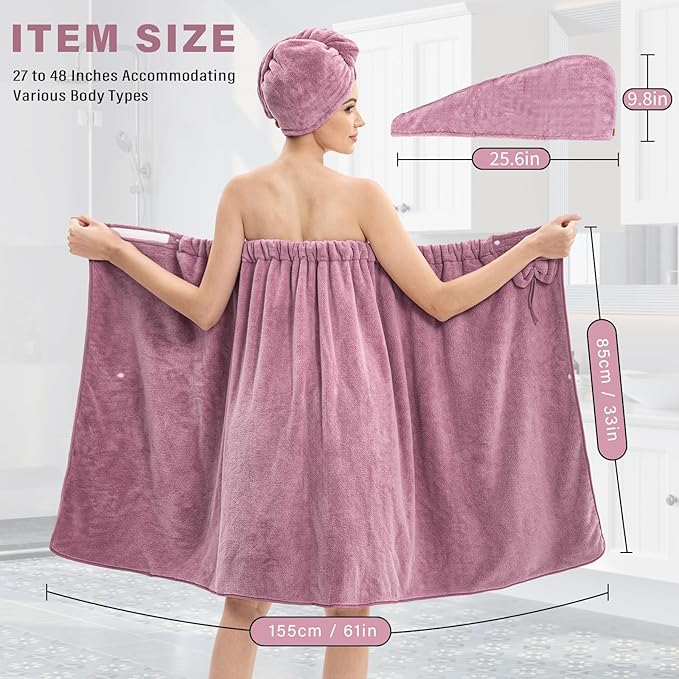 Bath Wrap Towels for Women – Adjustable Spa Shower Wrap with Super Absorbent Microfiber, Quick-Dry Body & Hair Towel Set for Home, Hotel, Beach, Pool, Gym, Travel – Purple