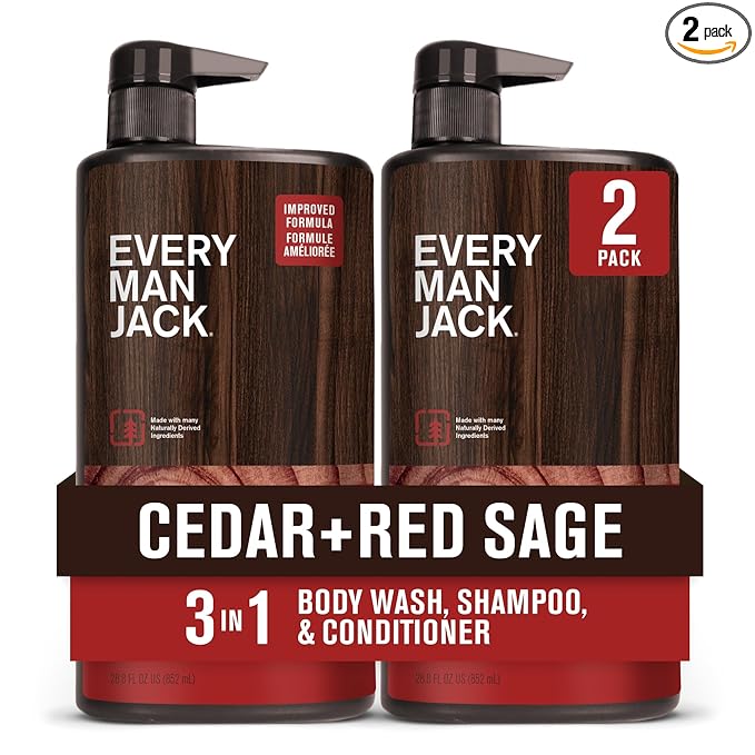 Every Man Jack Cedar + Red Sage Mens 3-in-1 All Over Wash for All Skin and Hair Types - Body Wash, Shampoo and Conditioner with Naturally Derived Ingredients - Paraben & Dye Free - 28.8oz - 2 Pack