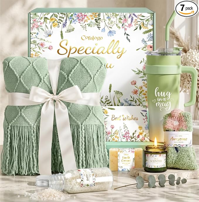 Coralogo Mothers Day Gift Basket for Women - Unique Spa Self Care Gifts for Women with Green Blanket, 40oz Tumbler, Spa Gift Baskets for Her Birthday, Get Well, Mothers Day, Thinking of You