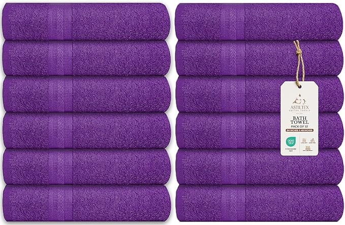 Medium Bath Towels Bulk Set of 12 – 100% Cotton Terry – 24" x 48" – Quick Dry, Soft & Highly Absorbent – Purple Towels for Bathroom, Gym, Spa, Pool & Daily Use