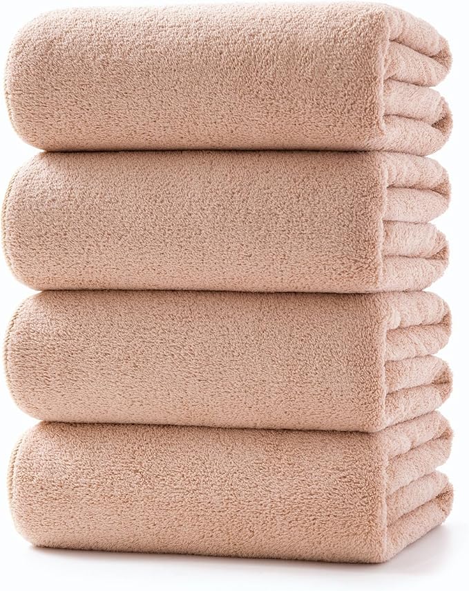 Lumimi Towels 4 Pack Soft Microfiber Bath Towel Set Salon Gym Yoga Travel Very Absorbent Light Quick Dry and Durable, 55" L x 27" W, 4 Piece Beige