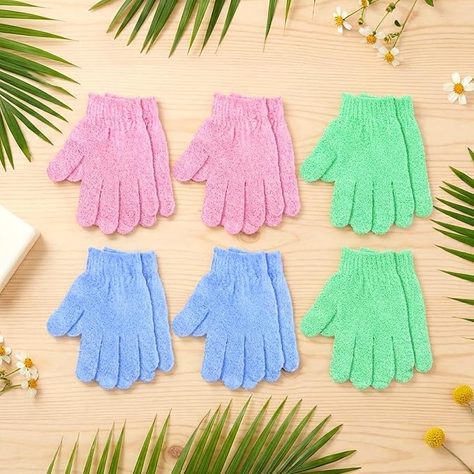 6 Pairs Exfoliating Gloves for Shower, Body Scrubber Mitts in Blue, Pink, Green, Korean Exfoliating Mitt for Smooth Skin