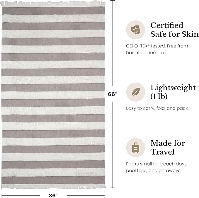 Lightweight Turkish Beach Towel - 100% BCI Cotton, Unbleached Raw Fringe, Oeko-TEX Certified, Absorbent, Eco-Friendly, 36x66”, Brown & Natural Stripes, Portable Sarong Blanket for Pool, Travel