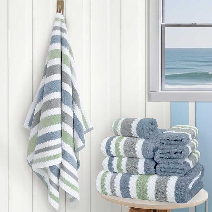Waffle Towels for Bathroom - Quick Dry | Thick | Lightweight | 500GSM, 2Bath 28"x52", 2Hand 16"x27", 4Wash 13"x13", Cotton Polyester Blend Towels with Hanging Loops, Navy Grey Green Stripe and White