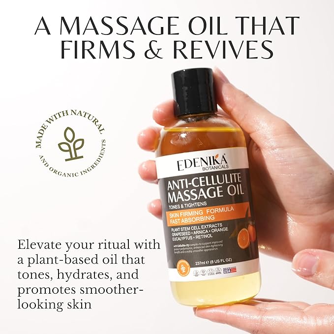 EDENIKA BOTANICALS Firming Anti Cellulite Massage Oil, Grapeseed Oil, Caffeine, Plant Stem Cells & Retinol, Supports Tighter, Smoother-Looking Skin on Body, Legs, Thighs & Buttocks, 2-Pack