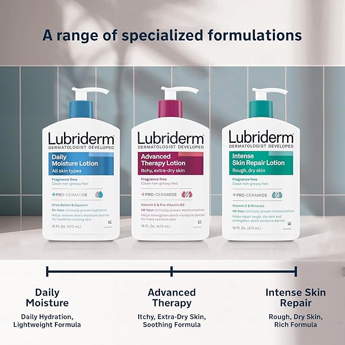 Lubriderm Advanced Therapy Fragrance-Free Moisturizing Hand & Body Lotion + Pro-Ceramide, Intense Hydration for Itchy, Extra Dry, & Sensitive Skin, Non-Greasy, Hypoallergenic, 32 fl. oz (Pack of 6)