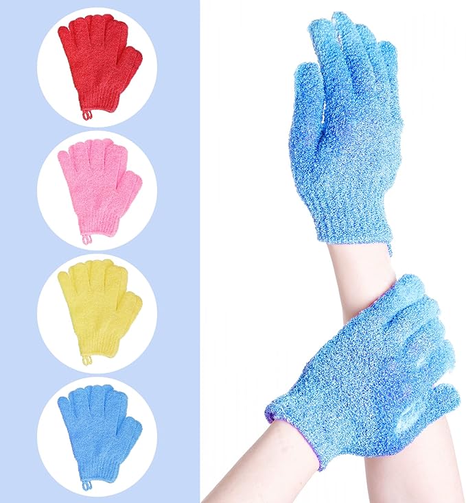 4 Pairs Bath Exfoliating Gloves Scrub, Double Sided Bath Mitts Scrubs for Shower, Exfoliating Shower Mitt Body Scrubber Glove, Bathing Accessories for Bath, Spa, Massage（Yellow, Red, Pink, Light Blue）