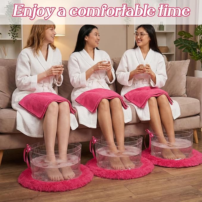 HunnmingRe 18 Pcs Foot Spa Kit for Spa Sleepover Party Supplies with 6 Foldable Foot Soaking & 6 Towels & 6 Floor Mats Matching Ribbon for Women Gift (Rose Red)