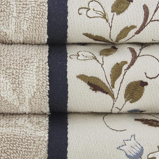 Madison Park Serene 100% Cotton Bath Towel Set Luxurious Floral Decorative Towels for Bathroom Embroidered Cotton Jacquard Design Soft Highly Absorbent for Shower 600 GSM, Multi-Sizes, Navy 6 Piece