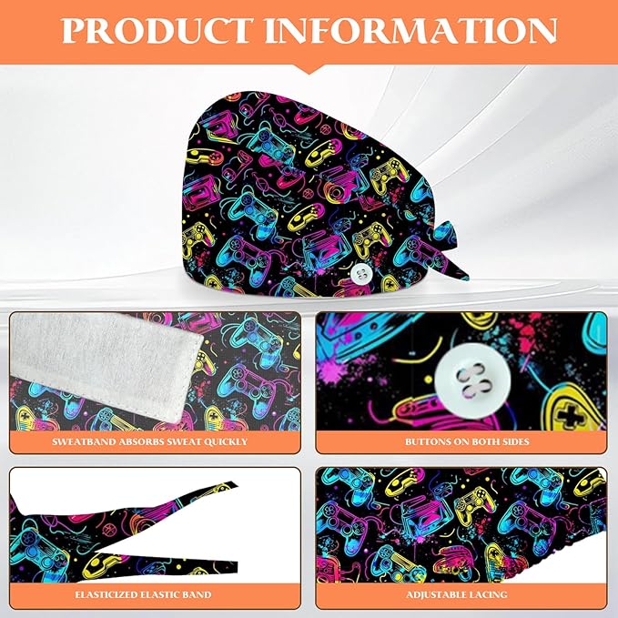 Adjustable Scrub Cap with Buttons & Sweatband, Working Hat with Elastic Tie Back, Unisex Nurse Surgical Caps for Women & Men