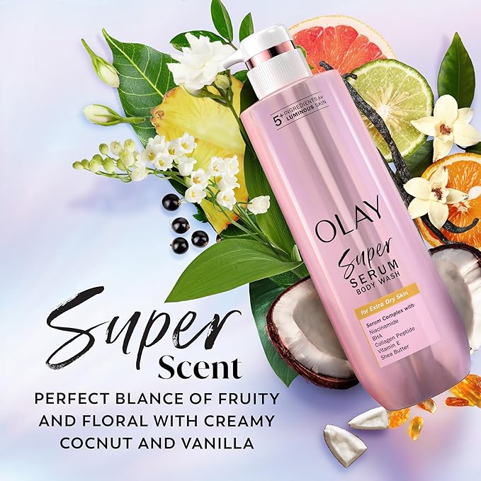 Olay Super Serum Body Wash + Hand & Body Lotion Bundle for Dry Skin, 24hr Long Lasting Hydration, 5+ Ingredient Serum Complex for Luminous Skin, 18.5 fl oz (Pack of 2)