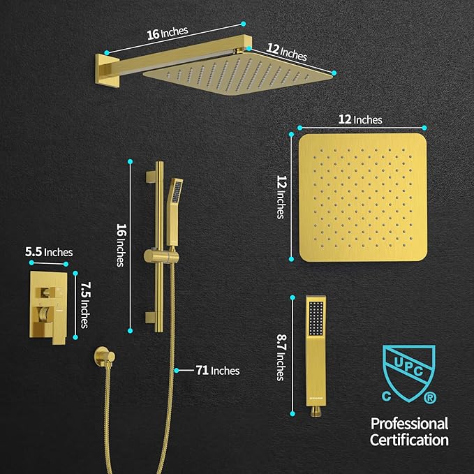 SR SUN RISE 12 Inch Brushed Gold Shower Faucet Set, Wall-Mount Adjustable 16-Inch Slide Bar with Square Hand Shower System Included Valve and Trim Kit