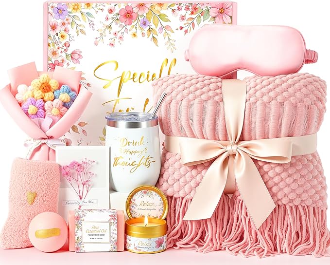 Birthday Gifts for Women,Mothers Day Gifts for Mom,Valentines Day Gift for Her,Self Care Spa Gift Basket with Blanket Candle Bath Bomb,Relaxing Spa Set,Get Well Package,for Mom Wife Sister Best Friend