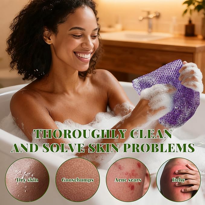 African Net Sponge Authentic, 3 Pieces Exfoliating Scrubber Bath Sponge for All Skin Types, Back Scrubber Loofah Washcloth for Shower, Gentle Exfoliation, Gift 1 Travel Bag (Purple, Pink, Dark Green)