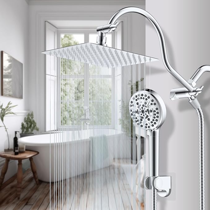 Hibbent All Metal CUPC Certified Shower Head, 10'' High Pressure Rainfall Shower Head, Handheld Showerhead Combo, 12'' Adjustable Extension Arm, 10 Sprays, 71'' Shower Hose, Showerhead Holder, Chrome